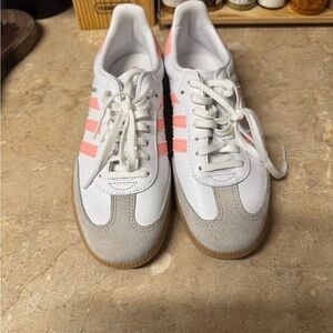 Adidas Women's White and Pink Striped Sneakers